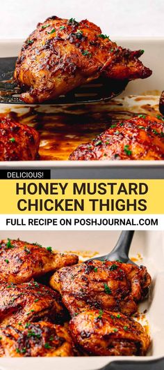 honey mustard chicken thighs in a baking dish with the title overlay reading delicious honey mustard chicken thighs full recipe on posh journal com