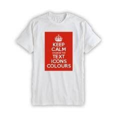 a white t - shirt with the words keep calm and text icons in red on it