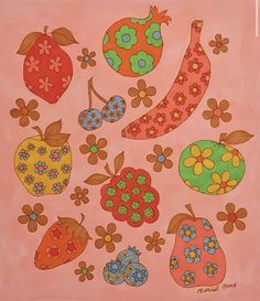 a painting of fruit and flowers on a pink background