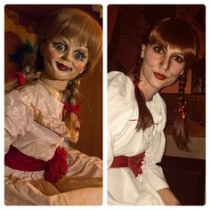 Diy Annabelle Doll, Anabelle Doll Makeup, Diy Annabelle Costume Women, Chucky And Annabelle Costume, Annabelle Costume Makeup, Halloween Costumes Annabelle, Annabelle Makeup Tutorial, Anabelle Costume Women, Diy Annabelle Costume