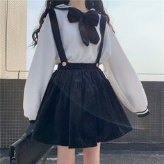 Vendor: SpreePicky Type: Blouse And Suspender Skirt Price: 32.99 - 63.99 (6 variants) Color: Blouse / Skirt / Set Material: Cotton Size Chart: S.M. Preppy Black Cotton Skirt, Black Summer Skirt With Bow Detail, Chic School Skirt, Chic Spring Skirt For School, Shirt Skirt Outfit, Bowknot Blouse, Draw Clothes, Y2k Aesthetic Fashion, Gothic Chic