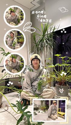 a man sitting on the floor in front of some potted plants with pictures of him