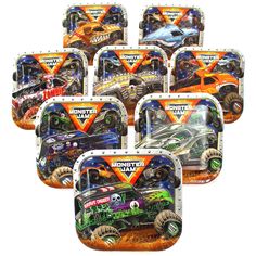 six monster trucks are shown in different colors and sizes, each with their own logo