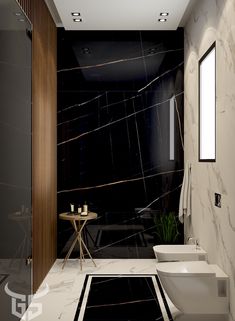 a bathroom with black and white marble walls