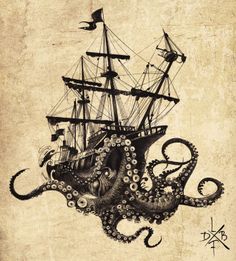 an octopus attacking a pirate ship in the ocean on parchment paper with ink drawing style