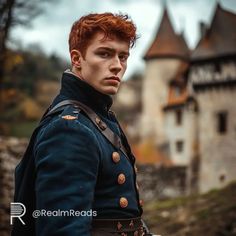 a man with red hair wearing a blue coat and standing in front of a castle