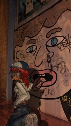 a drawing of a person sitting in front of a wall with graffiti on it