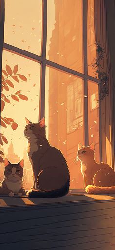 three cats sitting on a window sill looking out at the city and autumn leaves