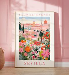 a flower market poster in front of a pink wall