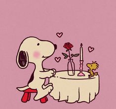 a cartoon dog sitting at a table with a candle in it's mouth and flowers on the table