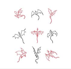 six different types of dragon tattoos on a white background, each with red ink and black outline