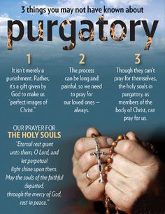 a poster with the words purgatory written on it and hands holding a rosary