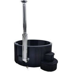 a black and silver fountain with a metal pole in the center, on a white background