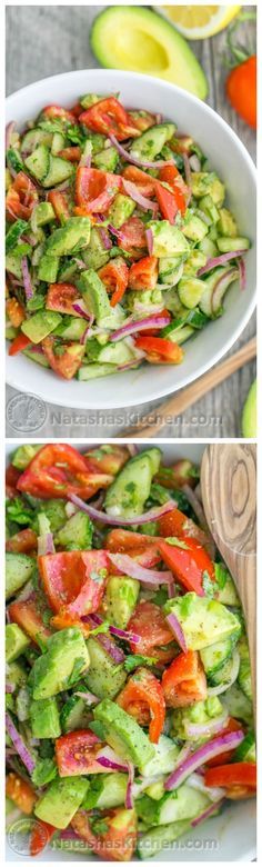 two pictures showing the process of making a salad with cucumber, tomatoes and onions