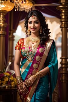 a woman in a blue and gold sari