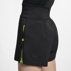 Brand New, Never Worn, No Tags. Nike Sportswear Tech Pack Women's Woven Short In Dark Gray With Zippered Neon Yellow Lime Green Mesh Detailing Popouts. Wide Elastic Waist Band With High Waist. Zip Up Back With One Side Pocket & Side Zipper Opening. Standard Fit. Elastic Waisted With Side 2 Pockets, Zippers Along The Sides That Can Be Left Undone To Reveal The Neon Ripstop Panels And Enhanced Looseness For Athletic Movement. Cut From Flexible Stretch-Twill And Finished With A Wide, High-Rise Wais White Nike Shorts, Exercise Shorts, Workout Shorts Women, Tech Pack, Functional Fashion, Woman Weaving, Shorts Nike, Nike Tech, Nike Store