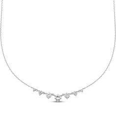 A glittering gift, this necklace adds just the right amount of sparkle to your attire. Crafted in sterling silver Seven round-cut white lab-created sapphires graduate in size toward the center The 18-inch cable chain secures with a lobster clasp Luxury White Sterling Silver Necklace, Silver Necklace With Lab-created Sapphire For Wedding, Sterling Silver Diamond White Necklace With Adjustable Chain, Silver Necklace With Diamond Accents And Lab-created Sapphire, Luxury Silver Necklace With Lab-created Sapphire, White Lab, Stacked Jewelry, Accessories Jewelry Necklace, Sapphire Necklace