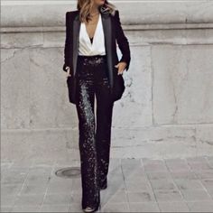 Questions? Leave A Comment Below! Sequins Pants Outfit, Chicago Fall, Black Sequin Pants, Sequin Flare Pants, Leather Leggings Outfit, Sheer Pants, Sequin Leggings, High Waisted Black Leggings, Zara Jumpsuit