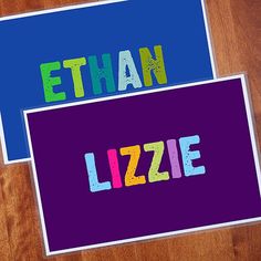 two cards with the words ethan and lizzie written in multicolored letters