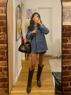 Outfits With High Black Boots, Casual Tall Boots Outfit, Black Tecovas Outfit, Black Boots Spring Outfit, Black Cowboy Boots Outfit Fall 2023, Winter Outfit With Cowboy Boots, High Neck Outfits Women, Black Knee High Cowboy Boots Outfit, Chelsea Cutler Concert Outfit