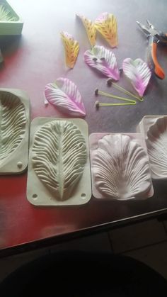 several trays with different shapes and sizes of leaves on top of a red table