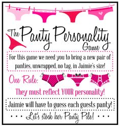 a pink and black sign that says, the party personality grace for this game needs you to bring a new pair of panties