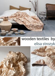 wooden textiles by elia strozyk are on display in this collage