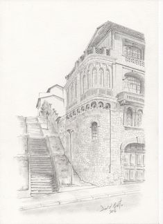 a pencil drawing of a building with stairs leading up to it