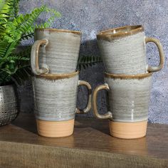 two coffee mugs sitting on top of a wooden shelf next to a potted plant