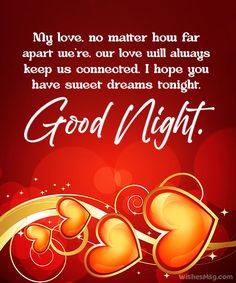 good night message with two hearts on the red and gold background for valentine's day