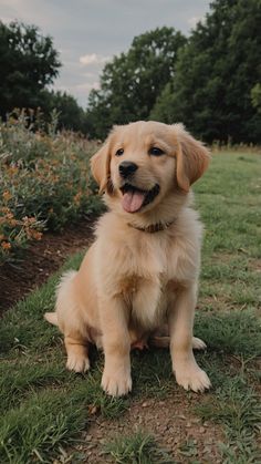 a dog sitting in the grass with its tongue out