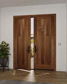 an empty room with two wooden doors and a potted plant on the floor next to it