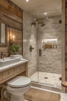 a bathroom with a walk in shower next to a white toilet and counter top sink