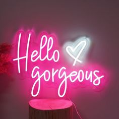 Hello Gorgeous Neon Sign Led Signs Bedroom, Neon Sign Sayings, Name Lights, Hello Gorgeous Neon Sign, Ambiguous Quotes, Pink Neon Lights, Commercial Signs, Business Signage, Quick Quotes