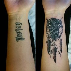 two wrist tattoos with an owl and dream catcher