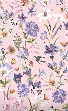 a pink background with flowers and butterflies on it