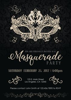 a masquerade party flyer with an ornate mask on the front and back side