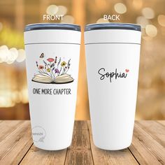 two coffee mugs sitting on top of a wooden table next to each other with the words sophia written on them