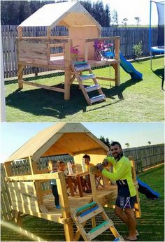 two pictures of children playing in a backyard with a play house and climbing ladders