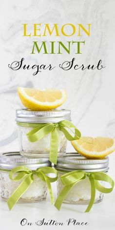 Lemon Mint Sugar Scrub | Easy to make sugar scrub that's perfect for shower favors, hostess gifts or for yourself! #Sponsored Make Sugar Scrub, Baby Shower Hostess Gifts, Mint Sugar Scrub, Mint Sugar, Shower Hostess Gifts, Salt Scrubs, Homemade Scrub, Homemade Bath, Diy Body Scrub