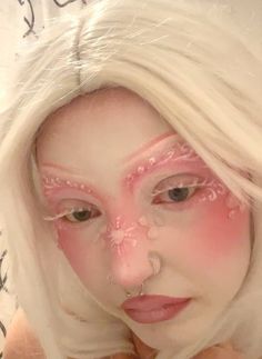 White base, pink monochrome blush etc Makeup Looks For Pink Hair, Pink Goddess Makeup, Monochromatic Pink Makeup, White Base Makeup Ideas, Pink Alien Makeup, White Base Makeup, White And Pink Makeup, Pink And White Makeup, Rose Quartz Hair