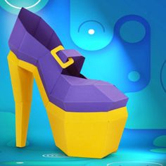 a purple and yellow high heeled shoe sitting on top of a blue floor