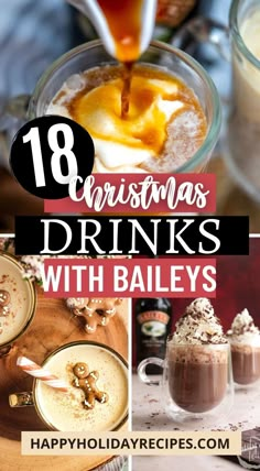 christmas drinks with bailey's in the middle and on top, including hot chocolate