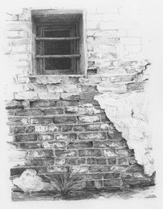 a drawing of a brick wall with a window