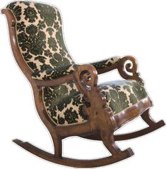 a wooden rocking chair with green and white fabric