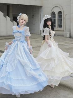 White and Blue Princess Dress Puff Sleeves Gorgeous One Piece Japan Romantic, Fairy Princess Dress, Blue Princess Dress, Dress Couple, Op Dress, Girl Cosplay, Satin Tulle, Elegant Girl, Wedding Party Dress