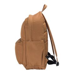 a brown backpack with straps on the front and back pocket, sitting against a white background