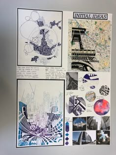 several drawings are displayed on a white board with black and blue images in it, including the eiffel tower