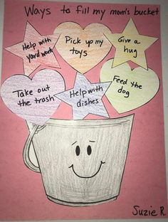 a drawing of a coffee cup with hearts and stars on it, says ways to fill my mom's bucket