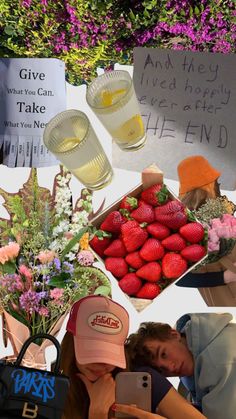 a collage of photos with strawberries, flowers, and other things in them